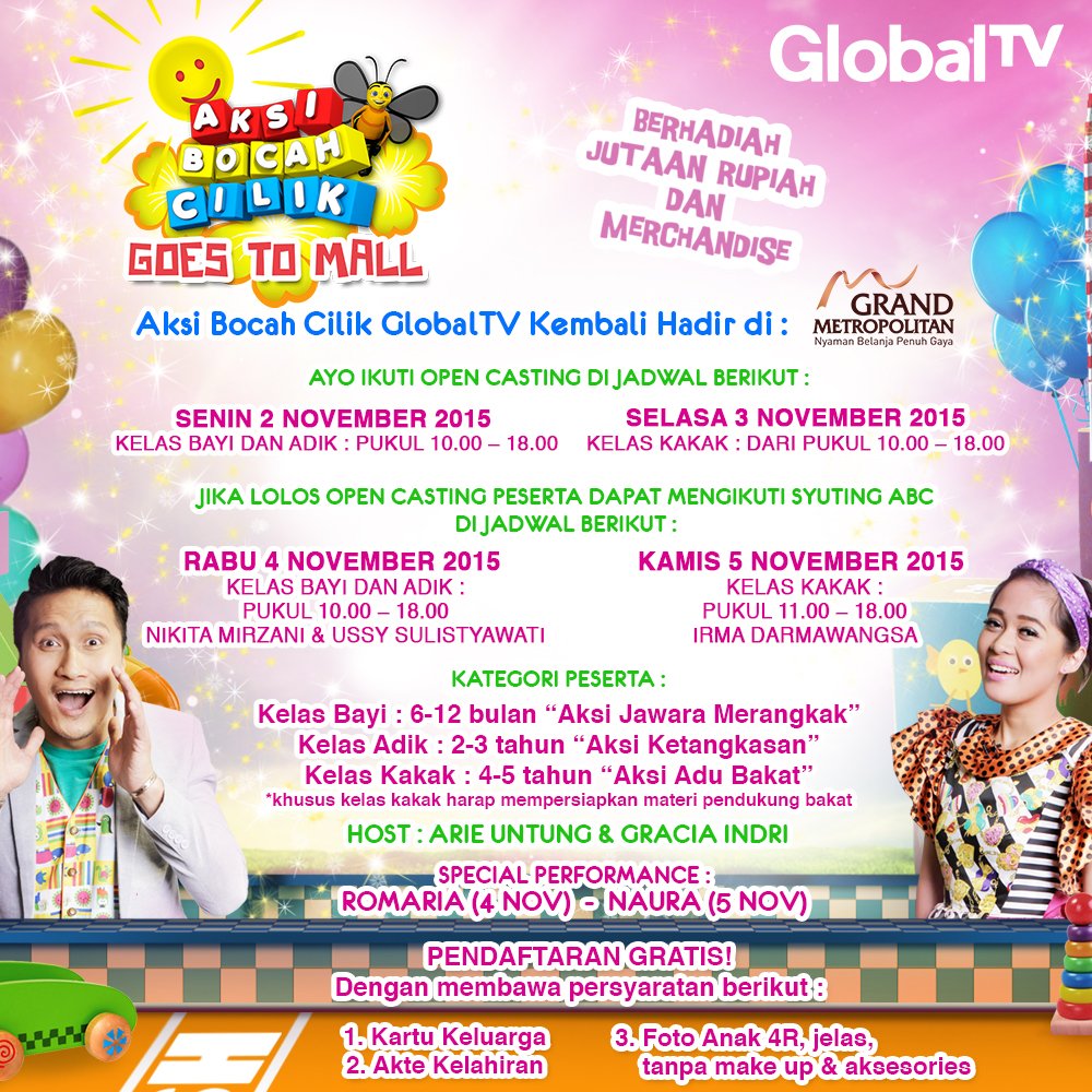 OfficialGTVID's tweet photo. Hai adik-adik mau beraksi dan masuk tv?Ayo ikutan "AKSI BOCAH CILIK" Open Casting !Caranya gampang nii #FavoritAnak https://t.co/7XU5sJdsul