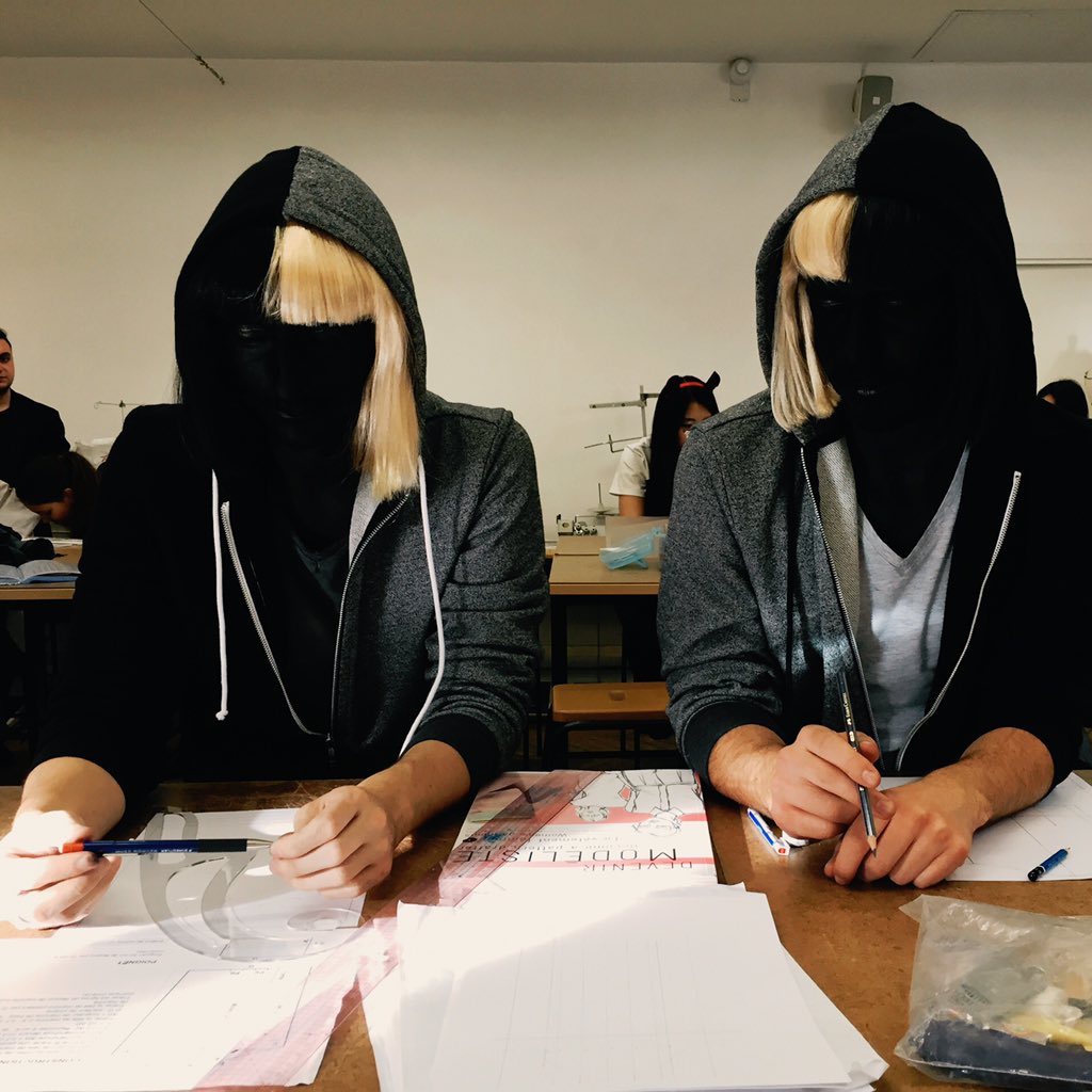 F__kinPerfect's tweet photo. Scared people from #Alive lyrics video at fashion school @esmodparis #Halloween #sia @Sia #esmodPARIS #black #blond https://t.co/h1XSnMY87M