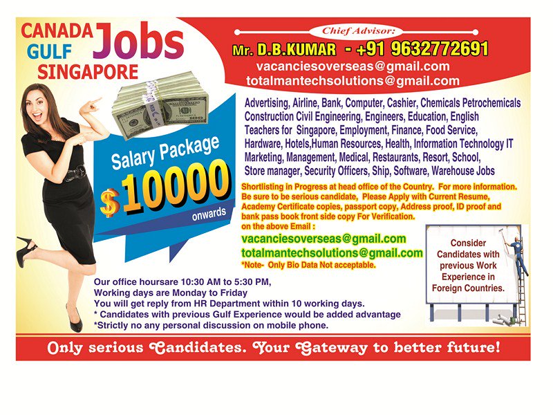 totalmantech's tweet photo. CANADA, GULF, SINGAPORE JOBS
vacanciesoverseas@gmail.com
D.B.kumar  +91 9632772691, https://t.co/mDJuUcoIW3
