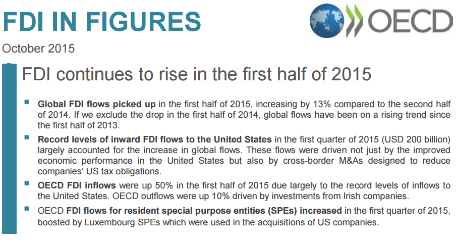 OECD's tweet image. #Investment news; Q1 shows record levels of inward #FDI flows to the US, see PDF bit.ly/1LFPjKt #stats
