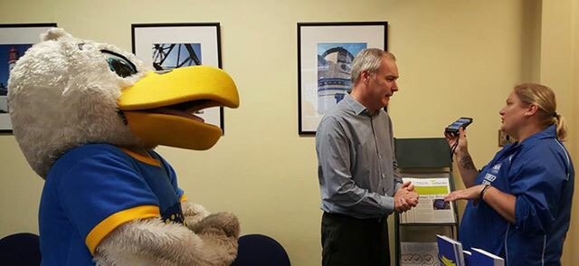 ttrbarnes's tweet photo. This morning we welcomed Sunny the Seagull and the Sun FM Street Team into the office. Bringing goodies and biscuits https://t.co/cdVZc9yx9K