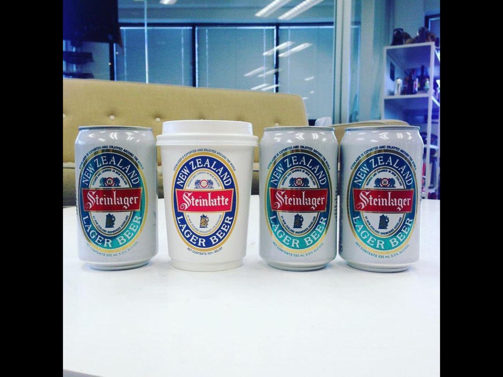 shaymantim's tweet photo. Love this. The 'Steinlatte', Steinlager's answer to the 5am #RWCFinal kick-off in NZ. Bars giving cups away. https://t.co/ZV6IJGdQ6r