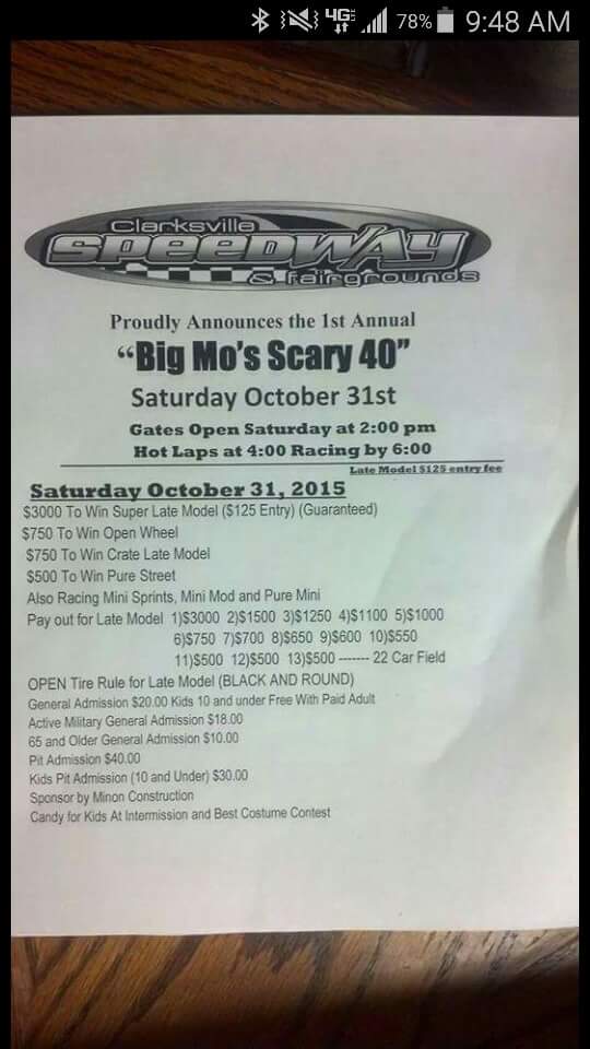 RacinPhil's tweet photo. Big Mo's Scary 40 @clarksvillespd 

Check out that top 5 payout....Spread the word https://t.co/RQBZx7MozI