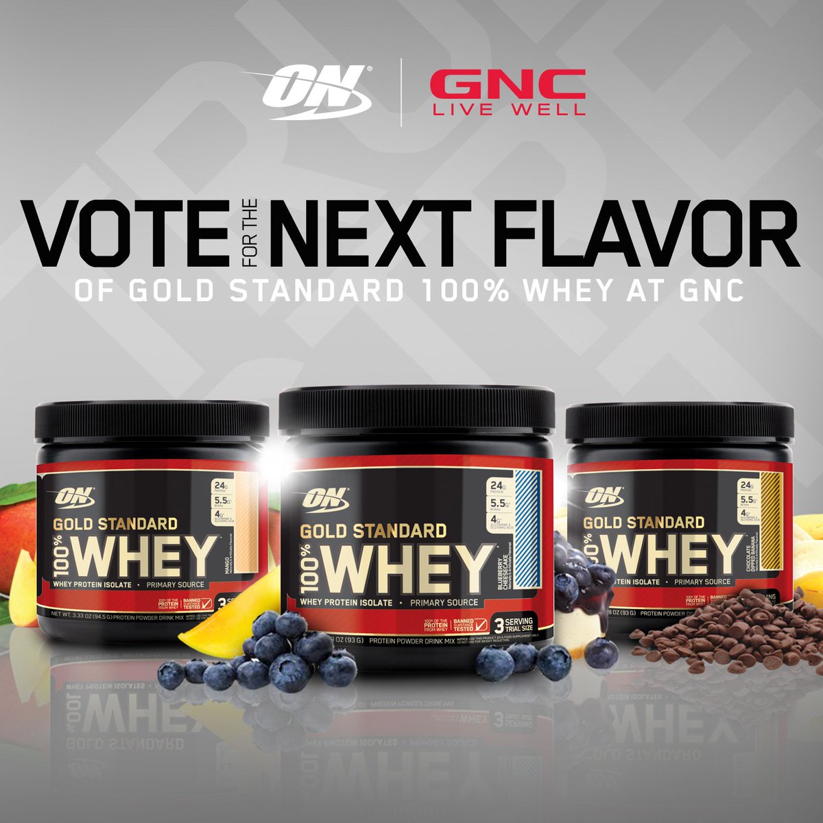 Team_Optimum's tweet image. Last chance to pick the next flavor of #GoldStandardWhey . Blueberry Cheesecake, Mango or Chocolate Dipped Banana ?