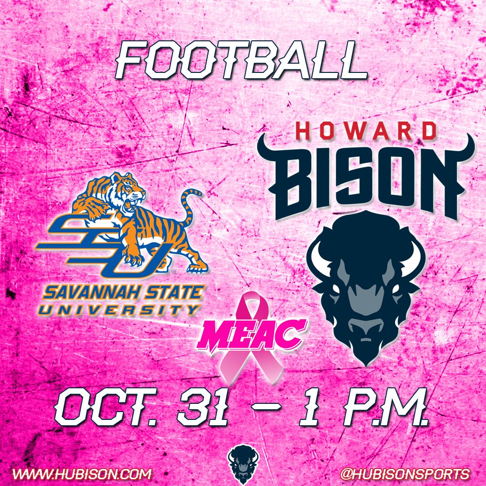 HUBisonSports's tweet photo. #HowardFB will be in #PinkMEACtion tomorrow at 1pm when the Bison take on Savannah State at Greene Stadium! 🏈💗 https://t.co/cfkwh2hb0d