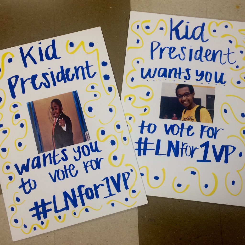 LNHSSTUCO's tweet photo. Hey, #MASCxNW! Did you hear Kid President will be at Smithville High School today?!?! @STUCOsurvivors #LNfor1VP https://t.co/zDNn42OZ04