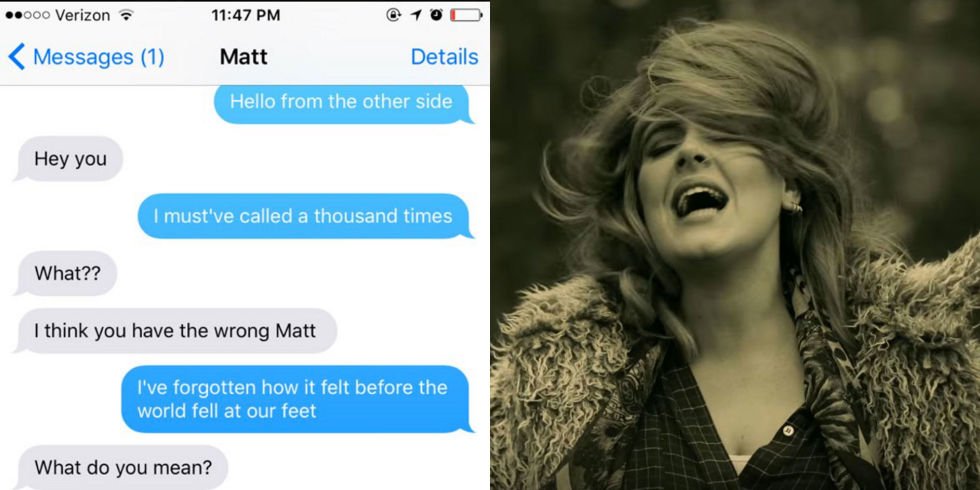 ELLEmagazine's tweet photo. Here's what happened when one woman texted her unsuspecting ex Adele's #Hello lyrics: https://t.co/nvEHjWwqiO https://t.co/hiytfESEMP