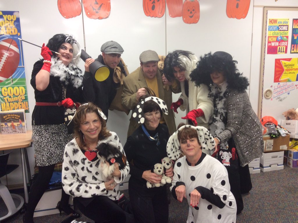 sarekitchen's tweet photo. M/S teachers celebrate Halloween & @DCDSchool 101st year! 🐶🎃 #DCDSfun #DCDSspirit @CheriDobbs @kuehneartstudio https://t.co/FyQuSNljEl
