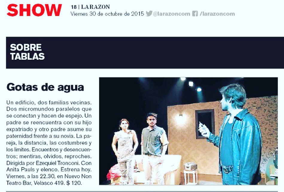 agenciaAB's tweet photo. Hoy 22.30hs estreno! GOTAS DE AGUA c @anitapauls @CarlaScatarelli @albertrojasapel dir @EzeTronconi en @NunTeatroBar https://t.co/8Mtni2NzaN