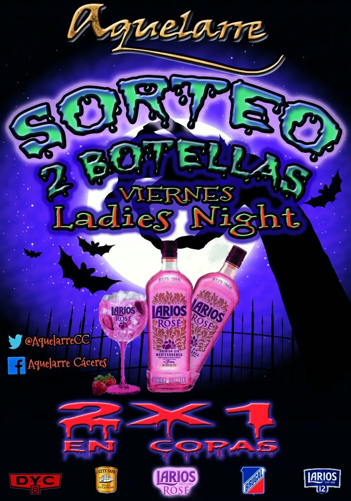 AquelarreCC's tweet photo. Sorpresa terrorífica chicas👻 SORTEAMOS 2 BOTELLAS de #LariosRose para 2 grupos de CHICAS👭!Y 2*1 en copas para todos💀 https://t.co/iXVskUfTXx