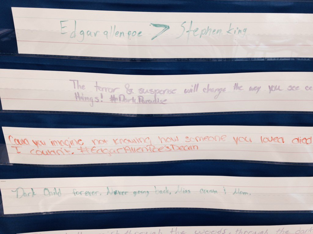 smswolf1's tweet photo. Write a tweet about Edgar Allan Poe. Here is what the kids had to say. #POEtic #imacreep #imaweirdo https://t.co/dFeOn5L32a