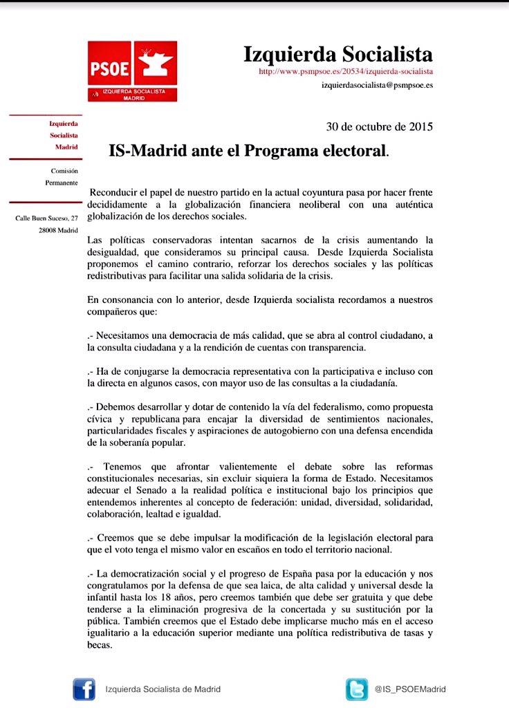 IS_PSOEMadrid's tweet photo. Comunicado ante el Programa Electoral https://t.co/h67PfvtRC5