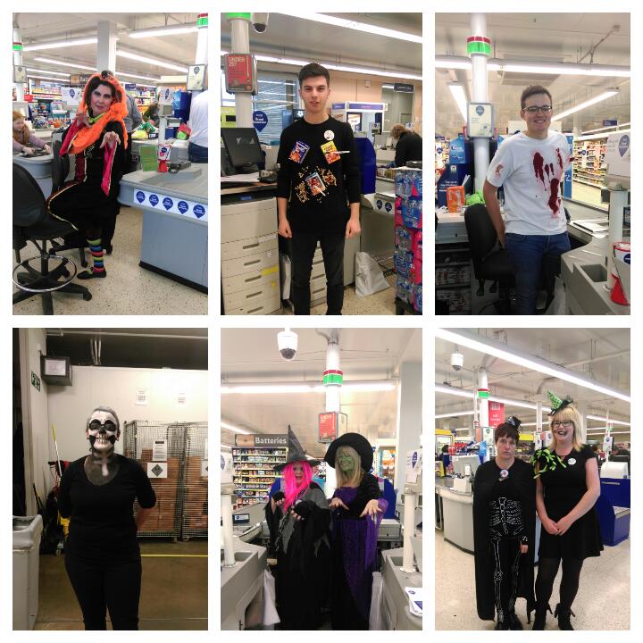 tescosoutham's tweet photo. A great effort from team Southam for a bit of Halloween fancy dress 👹👻👿💀👺🎃 https://t.co/m49cV6nWmd