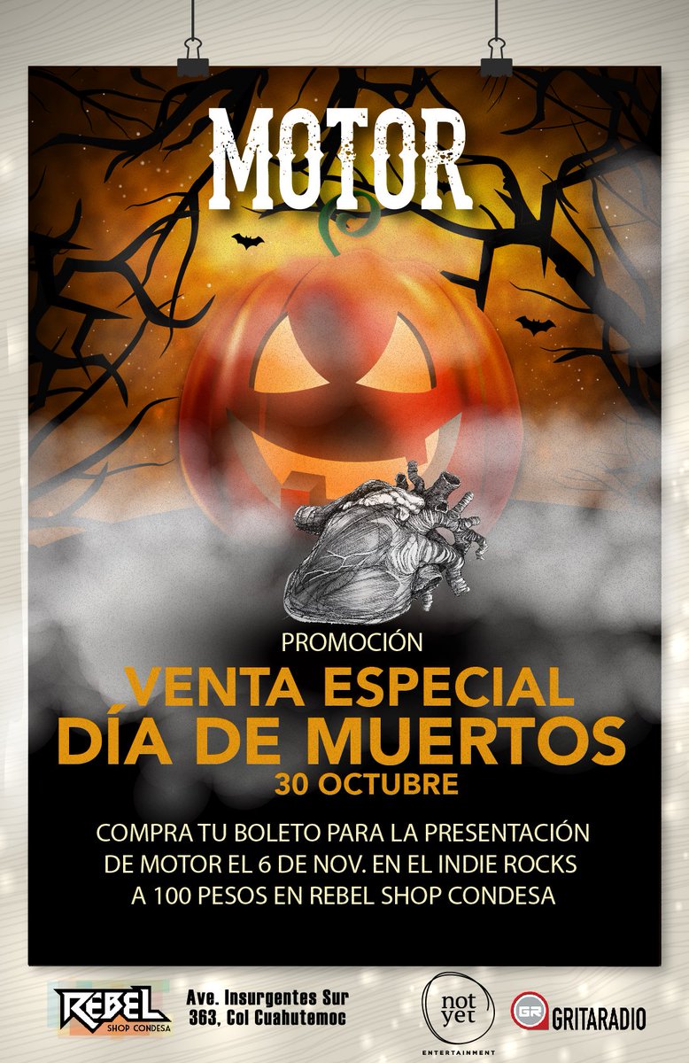 MeloMagazine's tweet image. HOY Venta Especial de Día de Muertos para el concierto de @motormx el 06 NOV. en #ForoIndieRocks #NotYetPresenta