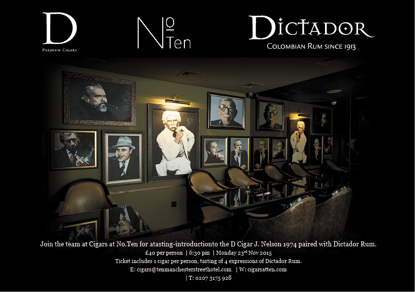 Dictador_Brands's tweet photo. Come on 23rd of Nov @NoTenMSH great opportunity to try our #rums &amp; #cigars @Tor_Imports https://t.co/FjFcM6JuU0