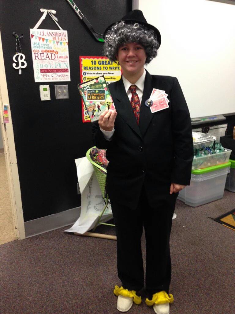 MrsBonin's tweet photo. @CGrabenstein My class just finished the book... so my Halloween costume was Mr. Lemoncello!!! https://t.co/r2frebBU9y