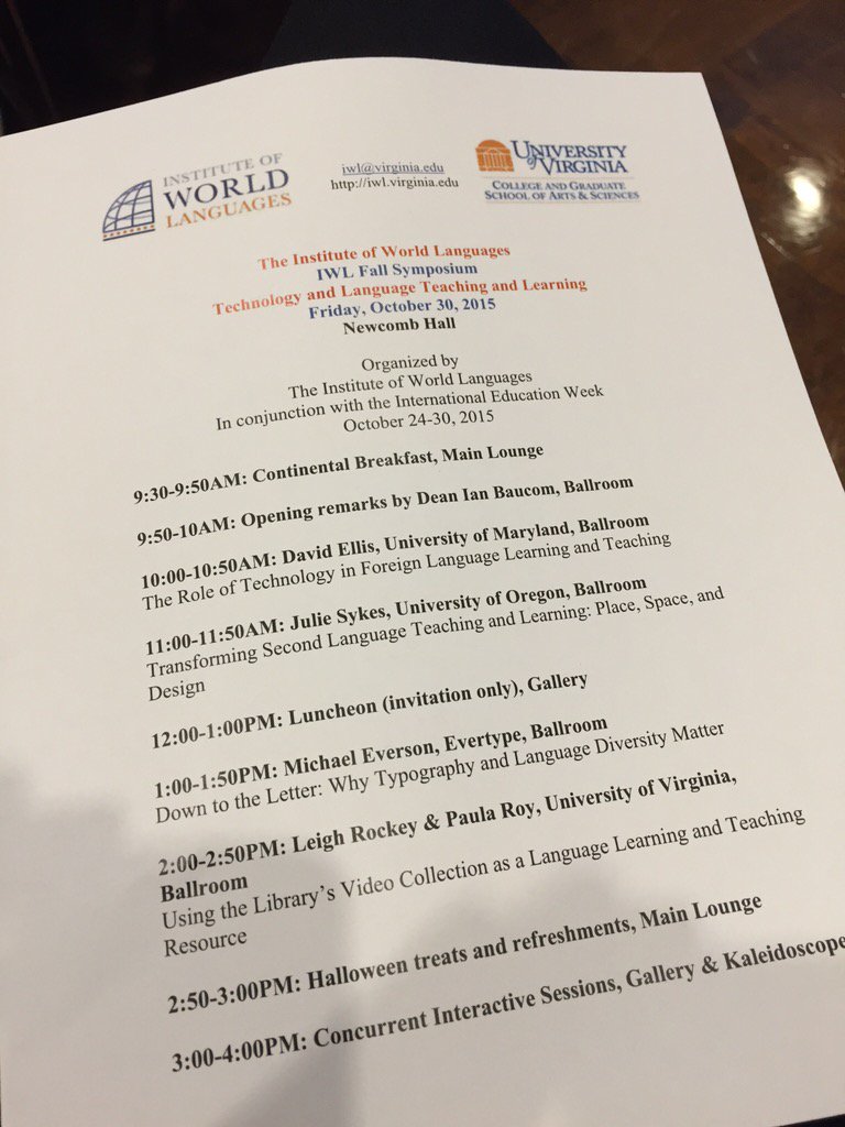emilyakohler's tweet photo. Institute of World Languages: Role of Technology in Lang Education today at @UVA in Newcomb @UVaCurry #TeachTechF15 https://t.co/wi579BycXq