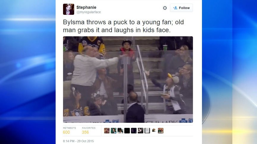 WPXI's tweet photo. Grown man snatches puck from young Penguins fan #CmonMan #FanEtiquette101 https://t.co/ZKiuXvY56p https://t.co/UISUOREeCv