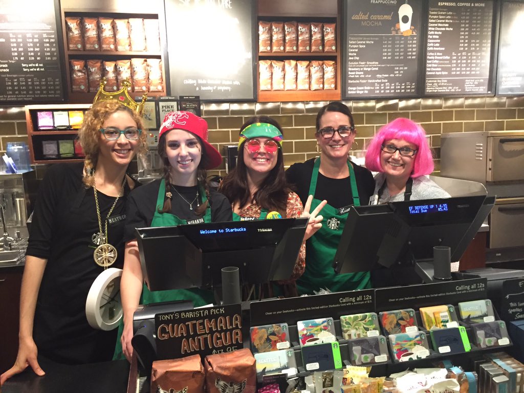 coreydu's tweet photo. My @starbucksprtnrs in full Halloween battle rattle. Not pictured: Weezy as Princess Leia. #Sodo8 #ToBeAPartner https://t.co/aY2BOWs7uh