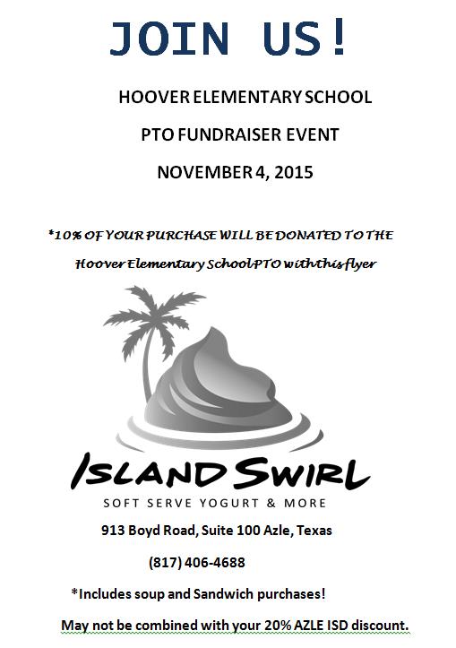 HooverElemAzle's tweet photo. Join us at Island Swirl on November 4th. 10% of your purchase will be donated to the PTO at Hoover Elementary. https://t.co/cZ1iKMIjUz