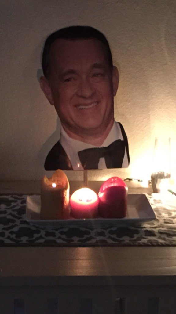 TannerKalina's tweet photo. Chilln w/ @tomhanks before our #dinnerprayer premiere at #austinfilmfest ...silly tom always request candles &amp; blood https://t.co/NNDSnrRix5