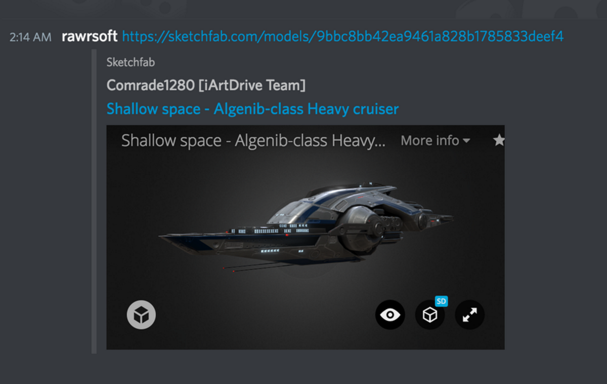 Sketchfab's tweet photo. Hey #gamedev using @discordapp ?Now share 3D #fanart or your own models directly into the chat w/ Sketchfab embeds! https://t.co/dAB0D6AlZb