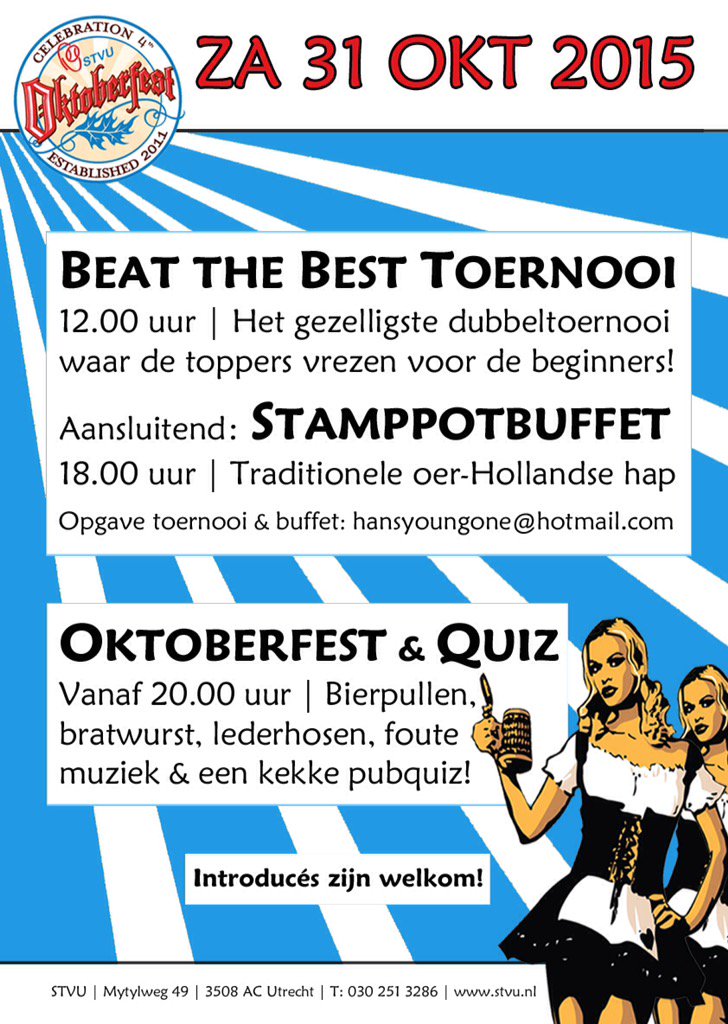 Morgenavond jaarlijkse #Oktoberfest! Mooie afsluiting #STVU najaarscompetitie, kom je ook? Neem je team mee! #tennis