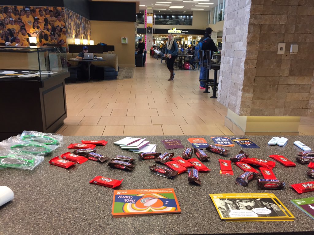 AAUWMU's tweet photo. We have set up shop in the MU Student Center with candy and swag! Come talk to us 🍫🎃 #AAUWMU https://t.co/r8phgYeH0I