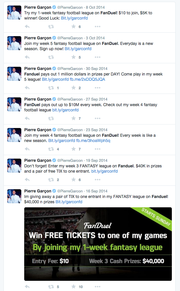 KennyDucey's tweet photo. That's a lot of FanDuel tweets from Pierre Garcon https://t.co/M4Pf1TPikX