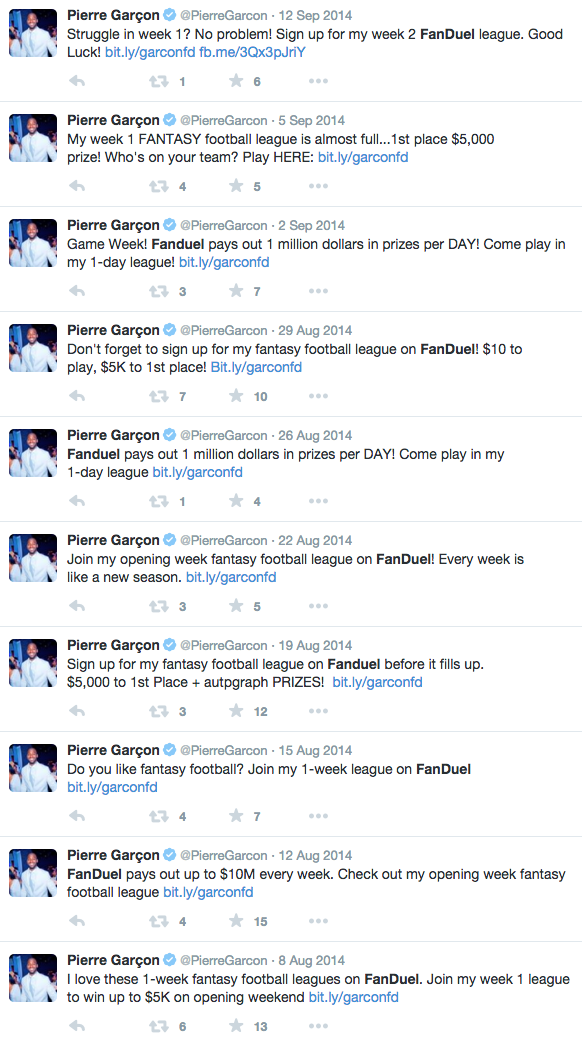 KennyDucey's tweet photo. That's a lot of FanDuel tweets from Pierre Garcon https://t.co/M4Pf1TPikX