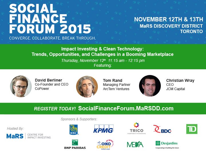 socialfinance's tweet photo. Explore #ImpInv and #cleantech  w/ @daveberliner + @tomrand + Christian Wray at #SFF2015 https://t.co/9GTQrZHhF4 https://t.co/t1g0uLc67A