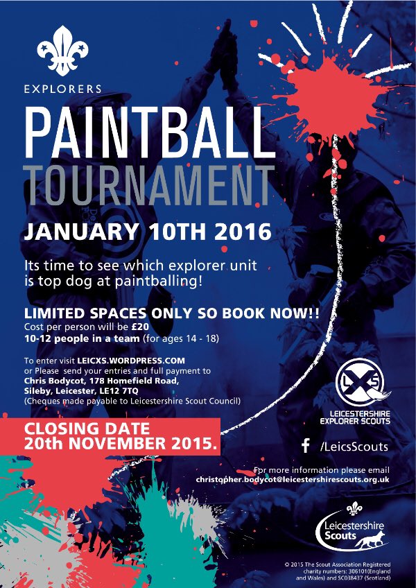 leicsSWscouts's tweet photo. Calling Leicestershire explorers!! Have you signed up for the paint balling tournament?!? @LeicsScouts https://t.co/knMJq2OHJ5