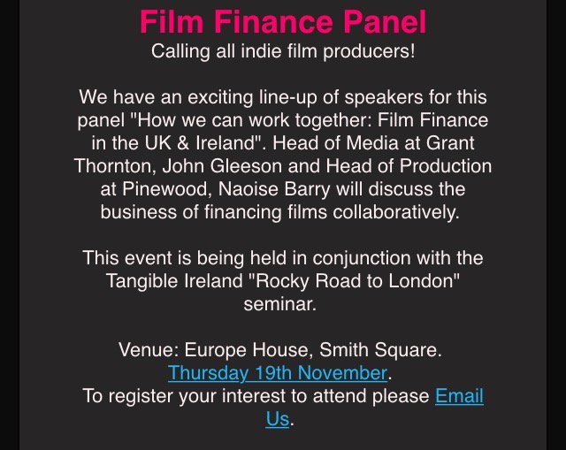 RaymondSEXTON's tweet photo. Film Finance Panel on the 'Rocky Road to London!' Nov 19th #tangible15 https://t.co/mpjNKFMVPL