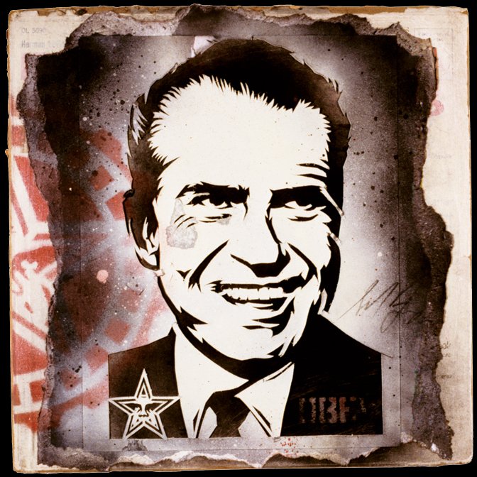 OBEYGIANT's tweet photo. From the Archives, Nixon Retired Stencil on Album Cover, 2003 #obeygiant #obey #ShepardFairey #Nixon https://t.co/HKq3i6kean