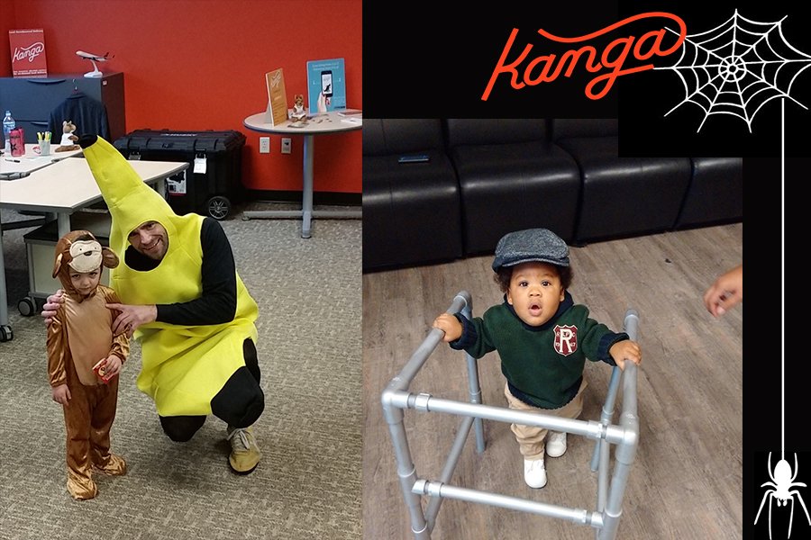 A monkey and banana meet an old man. Enjoying our trick-or-treaters! Happy Halloween! #OfficeFun #GetKanga