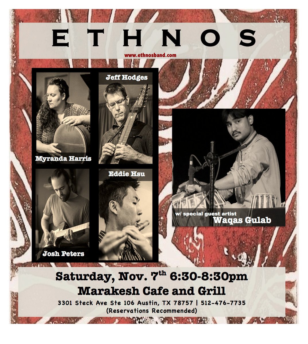 ethnosband's tweet photo. @ethnosband will be performing with special guest artist Nov 7 6:30p at Marakesh Cafe. FREE #music #fusion #Austin https://t.co/2CVYeMydfK