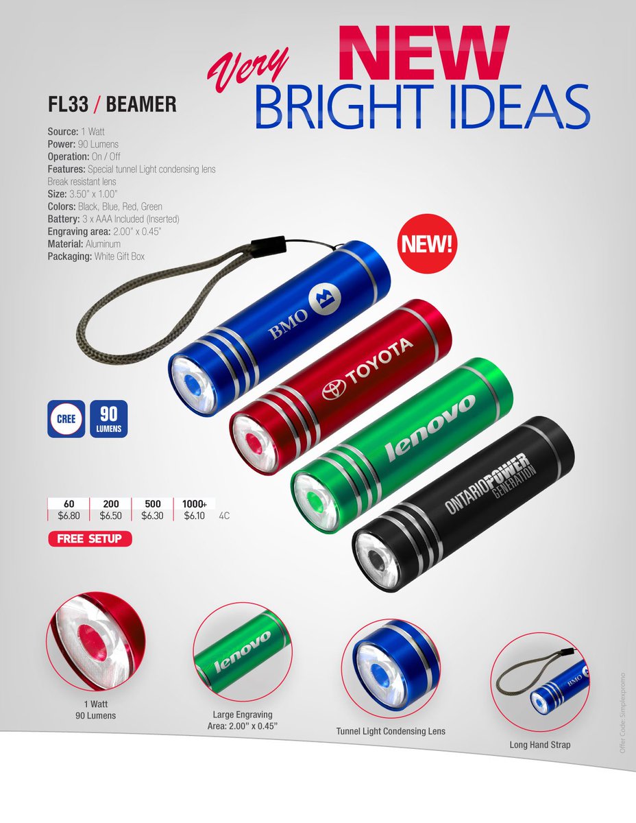 SimplexPromo's tweet image. FL33 Beamer- CREE made affordable!!! 90 Lumen's as low as $6.10c. This #promoproduct is amazing value for your $$$.