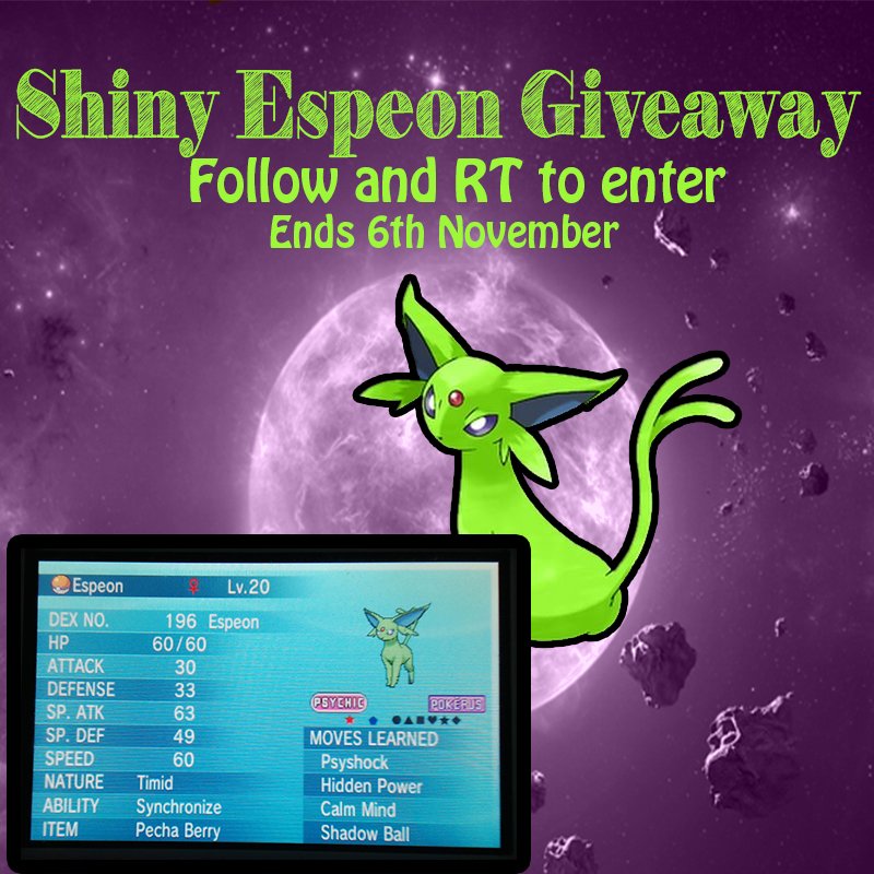 TFA_Karrine's tweet photo. =Repost=SHINY ESPEON GIVEAWAY - RT and Follow to enter! Winner is drawn on Friday 6th November. Get in it to win it! https://t.co/DZsvVDGdnZ