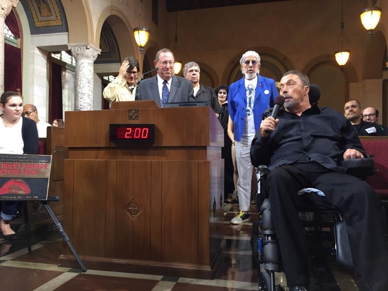 20thHomeEnt's tweet photo. Lou Adler and Tim Curry speaking at the Proclamation. Don't dream it, be it! #RHPS40 https://t.co/f0FRsn0E0g