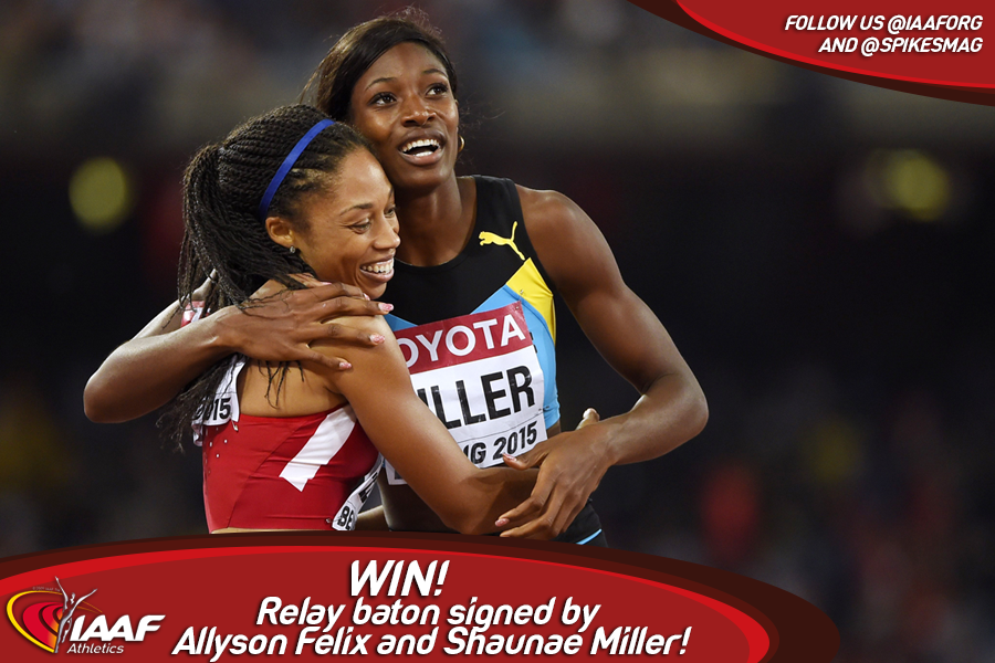WorldAthletics's tweet photo. Competition time:

Win a #WorldRelays baton signed by @allysonfelix and @Hey_ItsShaunae

Simply RT &amp; follow to enter https://t.co/tYF9Hxmsx4