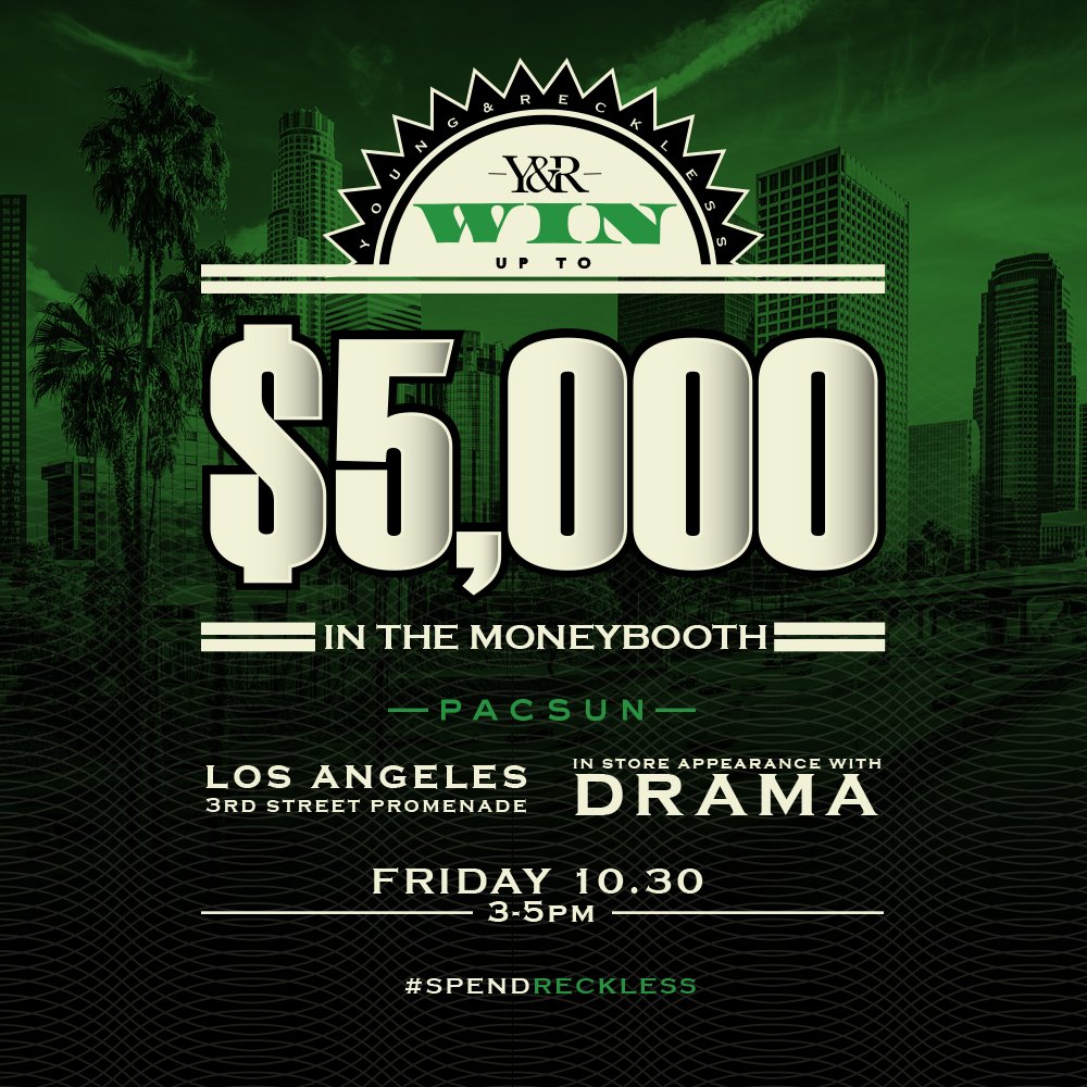 yngandreckless's tweet photo. LA 3pm today!Come to the Santa Monica @PacSun, meet Drama &amp; hit the $$$ booth #spendreckless https://t.co/t1HzIDom8g https://t.co/P4TGx308Ld
