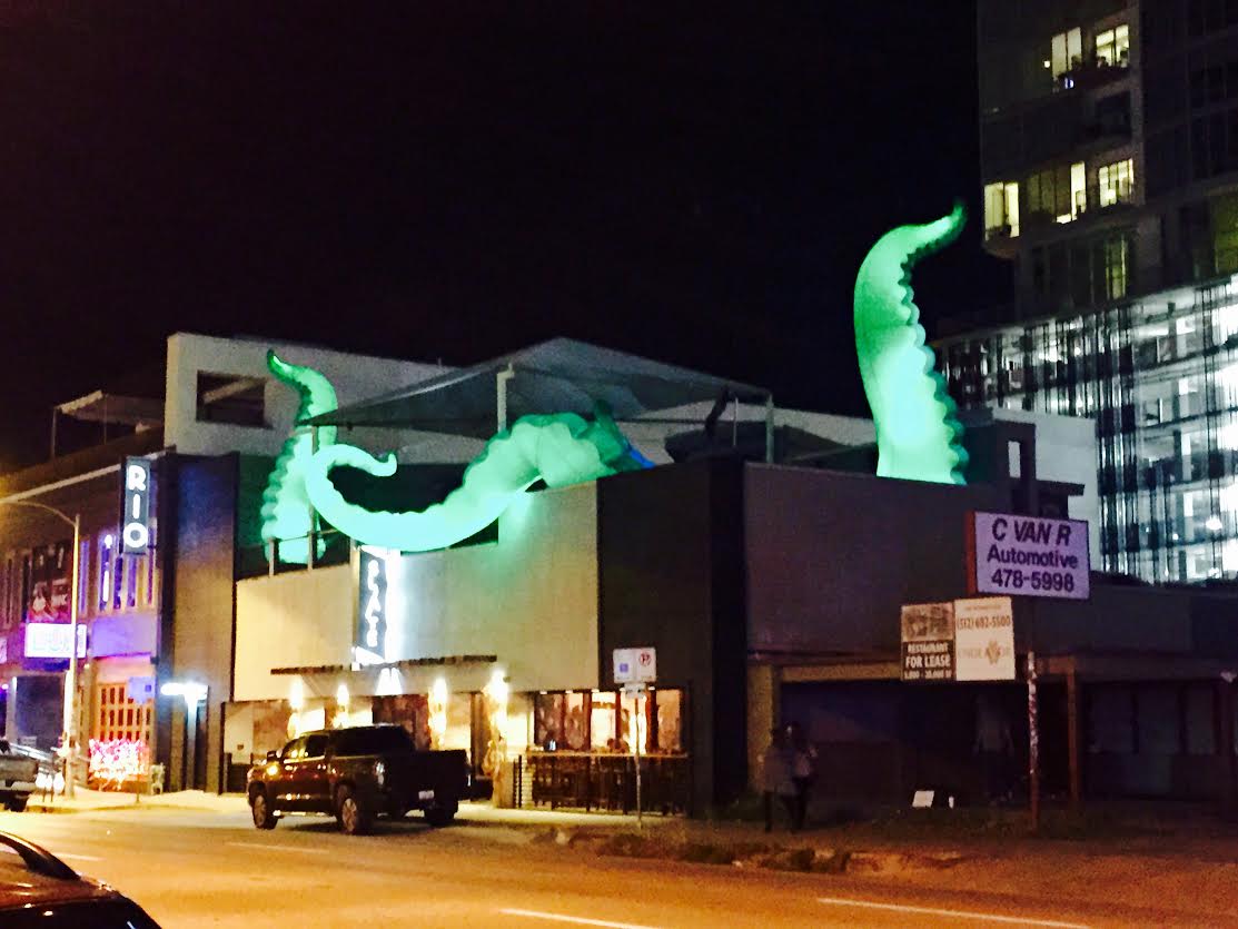SlateATX's tweet photo. The rain has released The Kraken on our roof just in time for our halloween party tomorrow!!! Join us! #atxhalloween https://t.co/XWM8uRJiPs