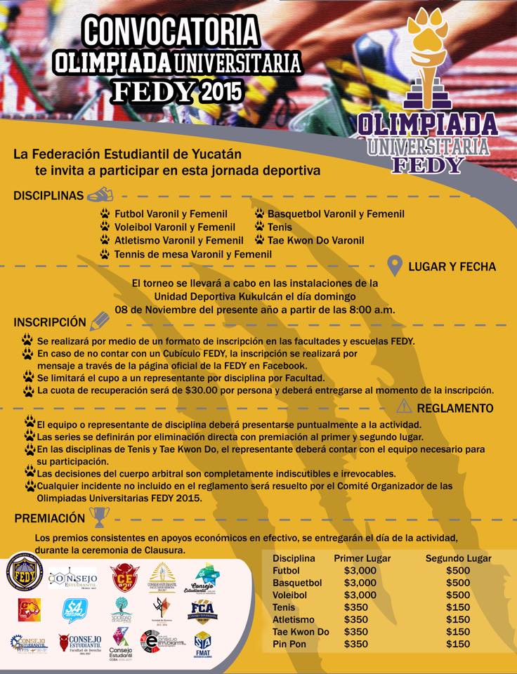 cefiuady's tweet photo. CONVOCATORIA COMPLETA DE LAS OLIMPIADAS FEDY 2015

CUPO LIMITADO A UN EQUIPO REPRESENTANTE POR FACULTAD. https://t.co/j9ZuC29sOa
