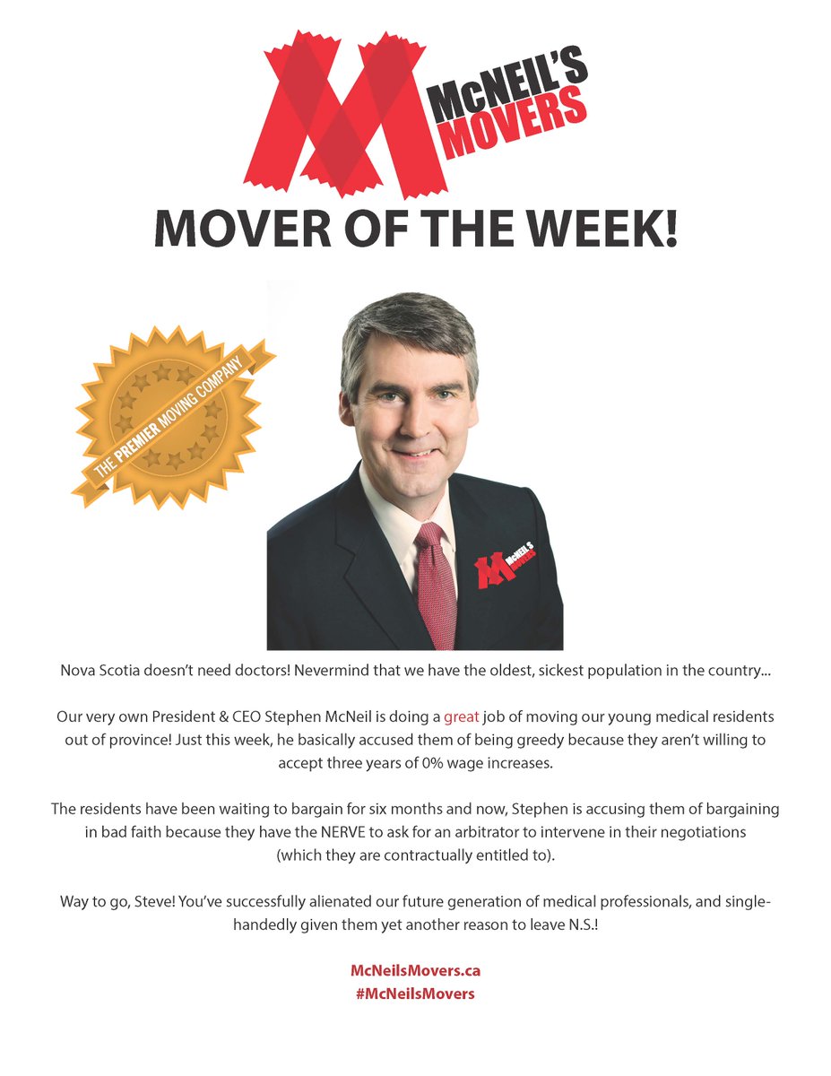McNeilsMovers's tweet photo. Our Mover of the Week is STEPHEN MCNEIL! Great work alienating future generations of medical professionals #nspoli https://t.co/7InxgtNo1s