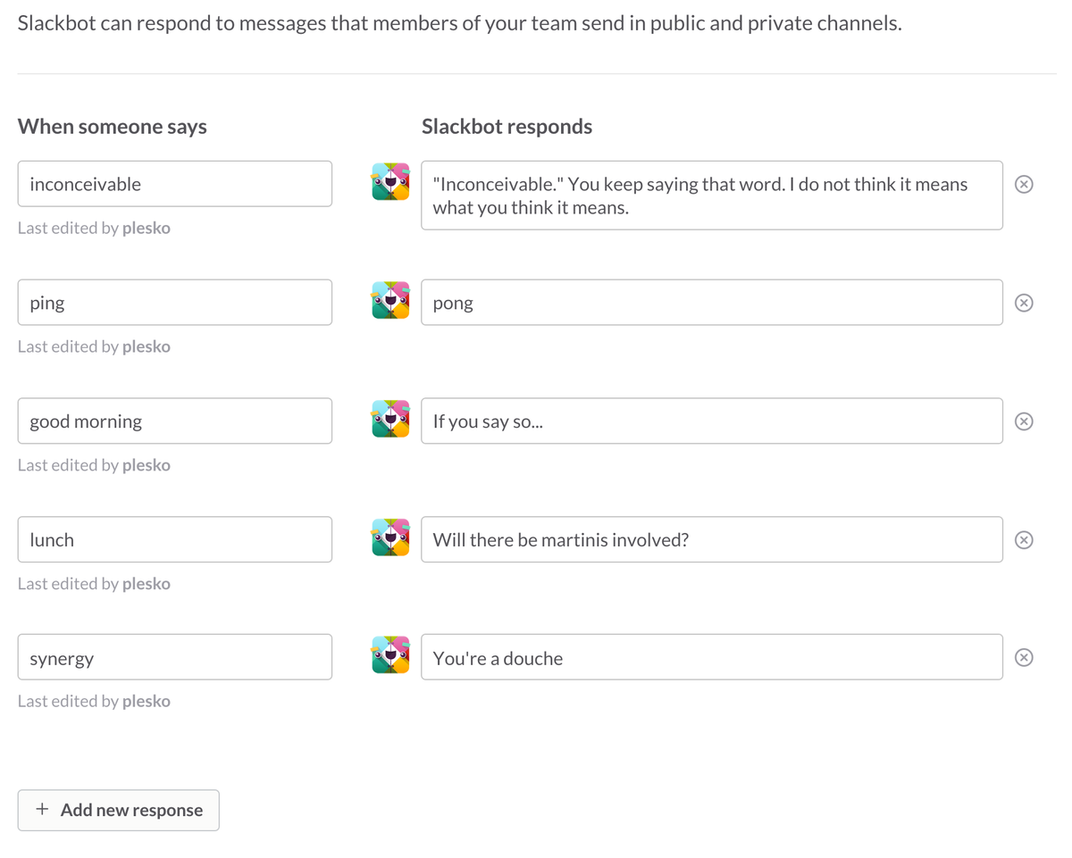 plesko's tweet image. Editing @SlackHQ Slackbot responses might be a permission that should be taken away from me.