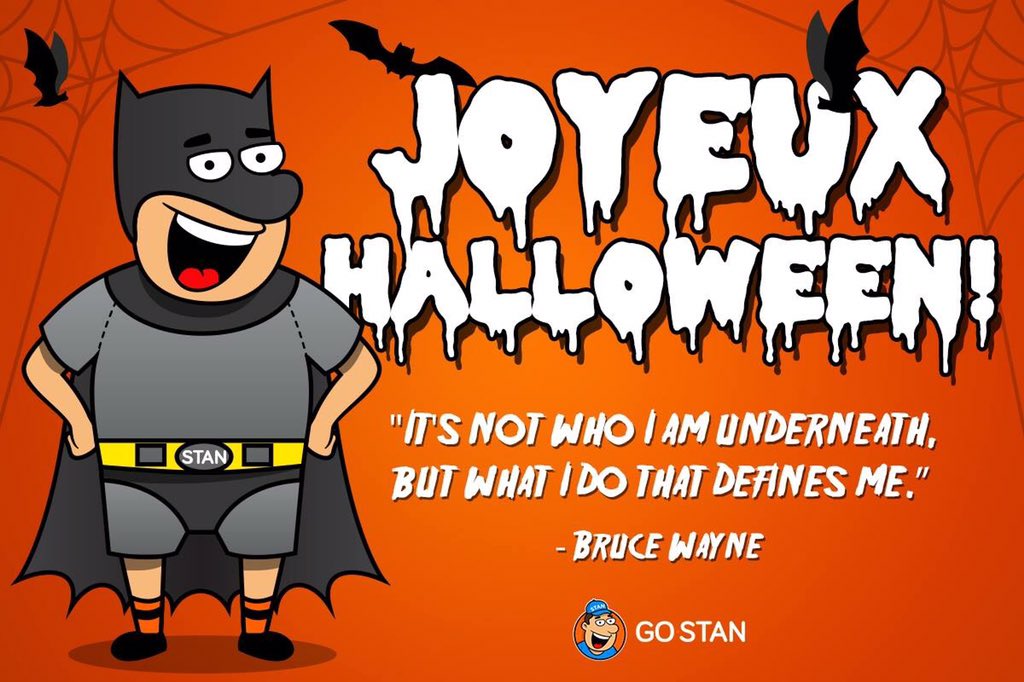 gostanapp's tweet photo. L'équipe de GO•STAN vous souhaite une joyeuse fête d'Halloween et un bon weekend! #brucewayne #GoStanApp https://t.co/zn3SKXDVmp