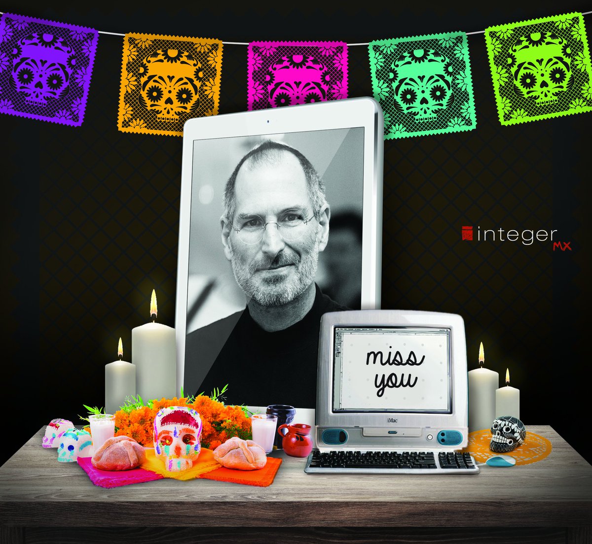 Integermx's tweet photo. Nuestra ofrenda de #DíadeMuertos es para Steve Jobs; el visionario que revolucionó la industria #SoyInteger #Apple https://t.co/aLCnCKbLEB