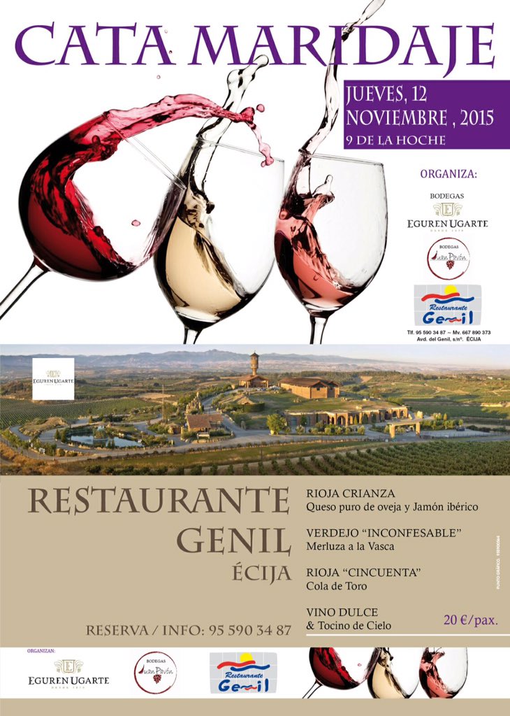 Cata Maridaje organizado por <a href="/EgurenUgarte/">Eguren Ugarte</a> y <a href="/BodegaJuanPavon/">bodega Juan Pavón</a> en Restaurante Genil, no os lo podéis perder!!