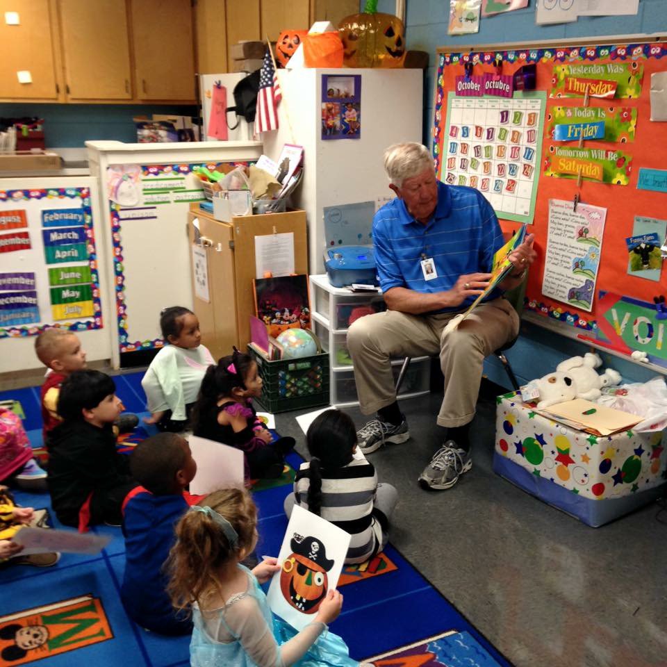 A real "treat" for Forest Heights pre-k as Lee Dedmon, Gaston County Board of Education member, shares a story!