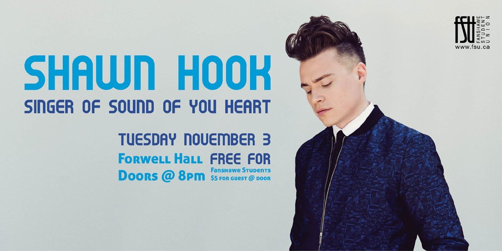 fanshawesu's tweet photo. Only 2 days until @Shawn_Hook takes the stage in Forwell Hall. Free for #Fanshawe students https://t.co/MZ3EjCskC8 https://t.co/nJ2ysyCPue
